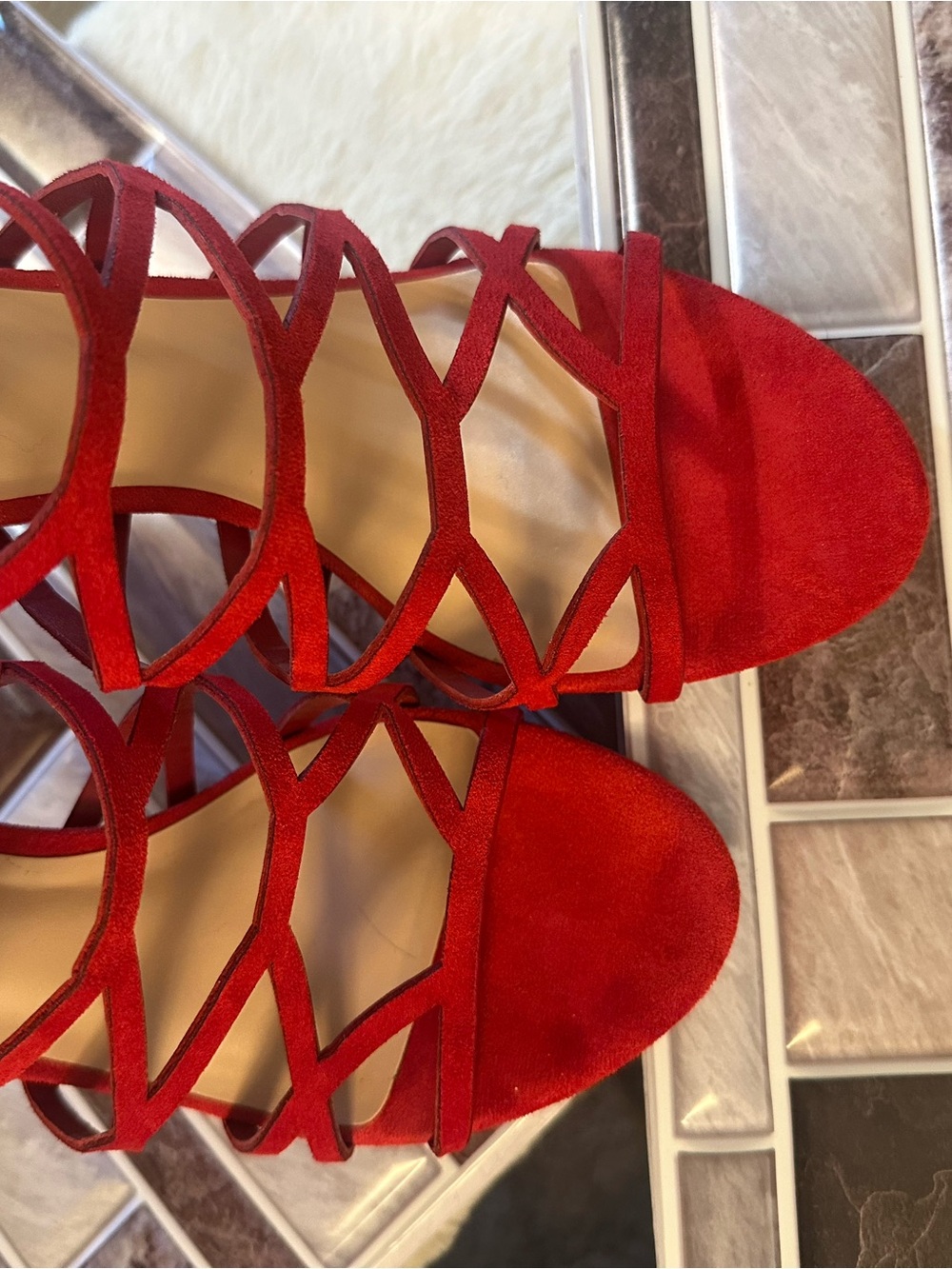 ALDO Red Suede Cage Heels Sandals Size 8 Open Toe Zip Back - Picture 4 of 10